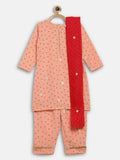 Ahalyaa Peach Crepe Gold Printed Kids Kurta Sets With Dupatta For Girls