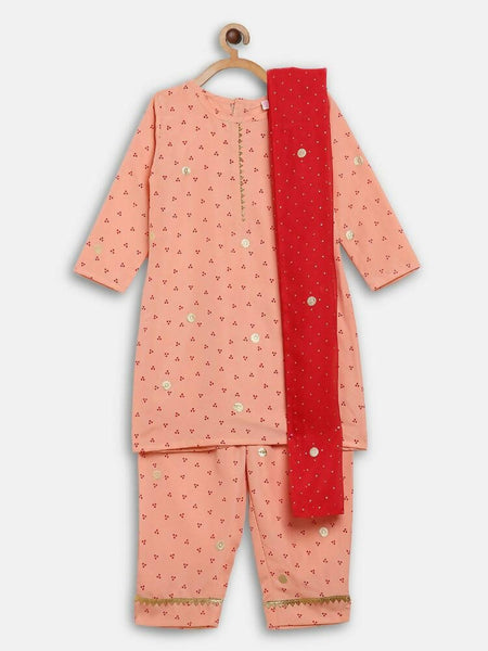 Ahalyaa Peach Crepe Gold Printed Kids Kurta Sets With Dupatta For Girls