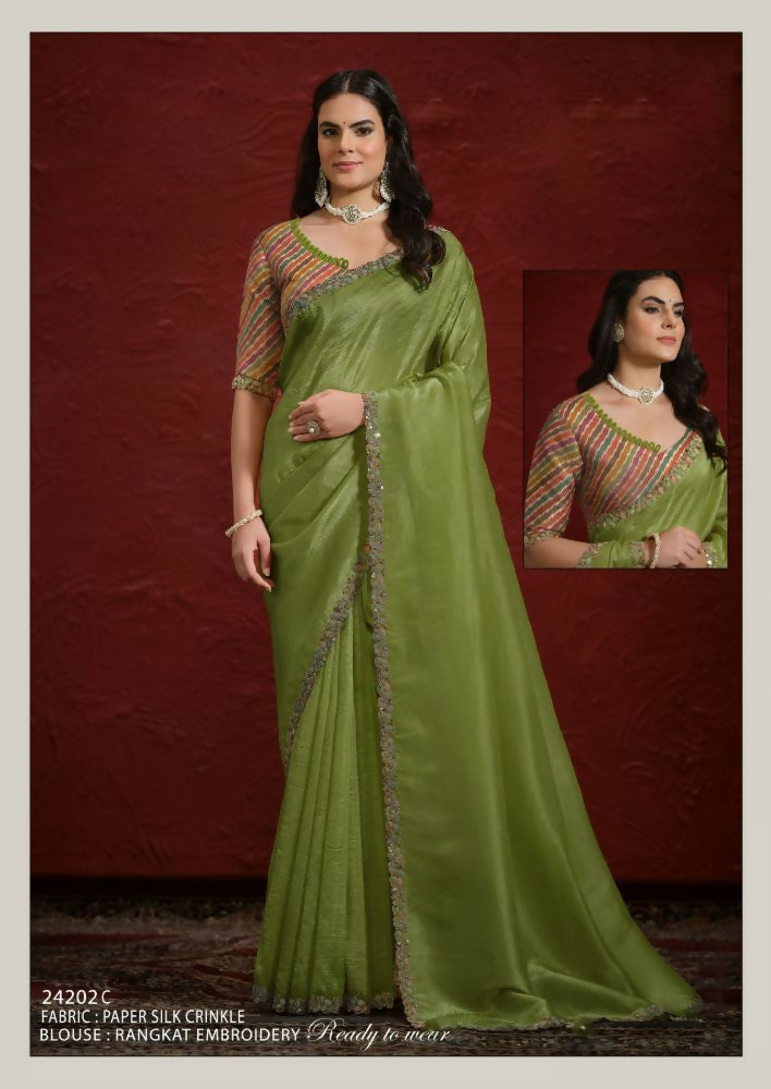 Mustard Crush Paper Silk Sequence with Handwork Saree with Stitched Blouse - Mohmanthan Aaina