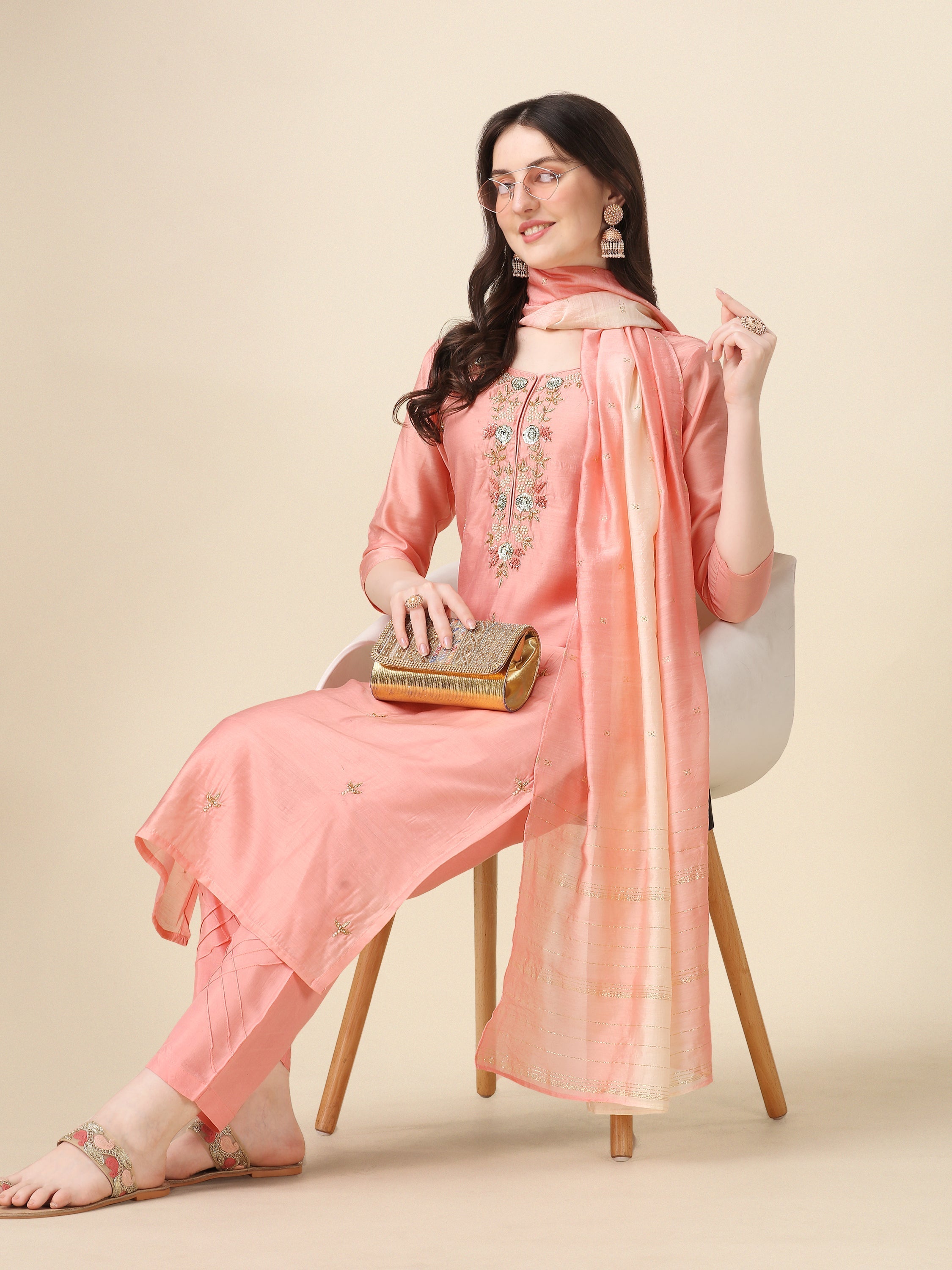Embroidered Kurta With Pant & Dupatta Set, Multicolor - Hiral Fashion - Distacart