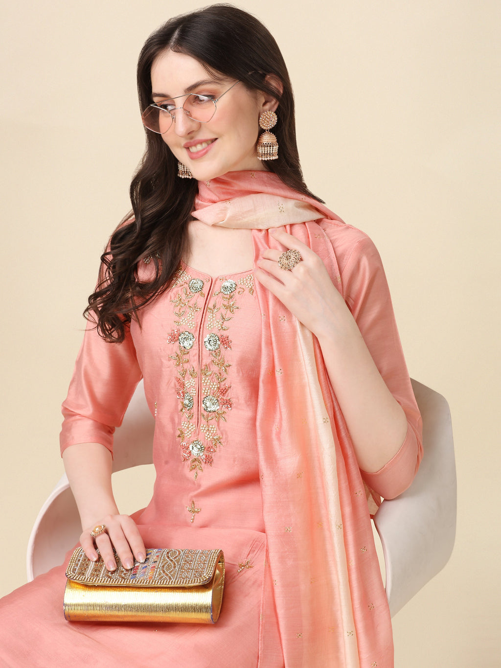 Embroidered Kurta With Pant & Dupatta Set, Multicolor - Hiral Fashion - Distacart