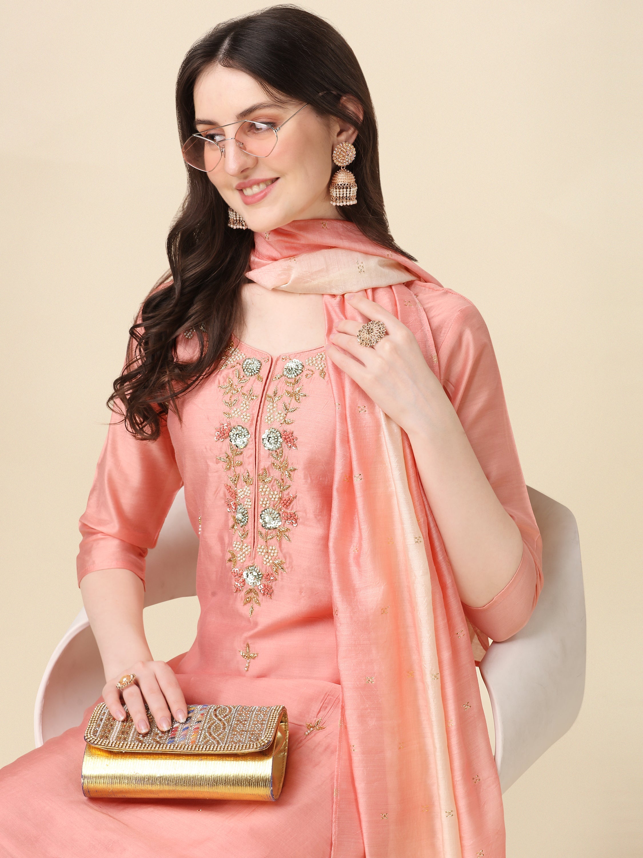 Embroidered Kurta With Pant & Dupatta Set, Multicolor - Hiral Fashion - Distacart
