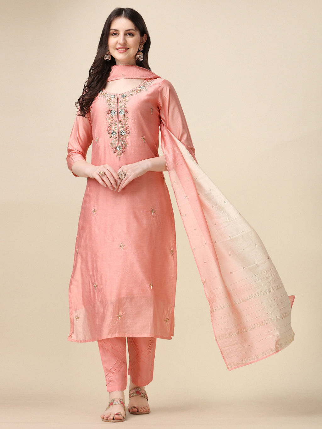 Embroidered Kurta With Pant & Dupatta Set, Multicolor - Hiral Fashion - Distacart