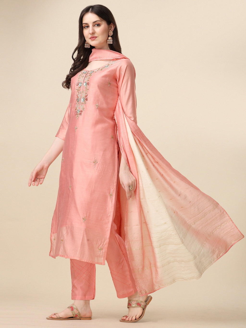 Embroidered Kurta With Pant & Dupatta Set, Multicolor - Hiral Fashion - Distacart