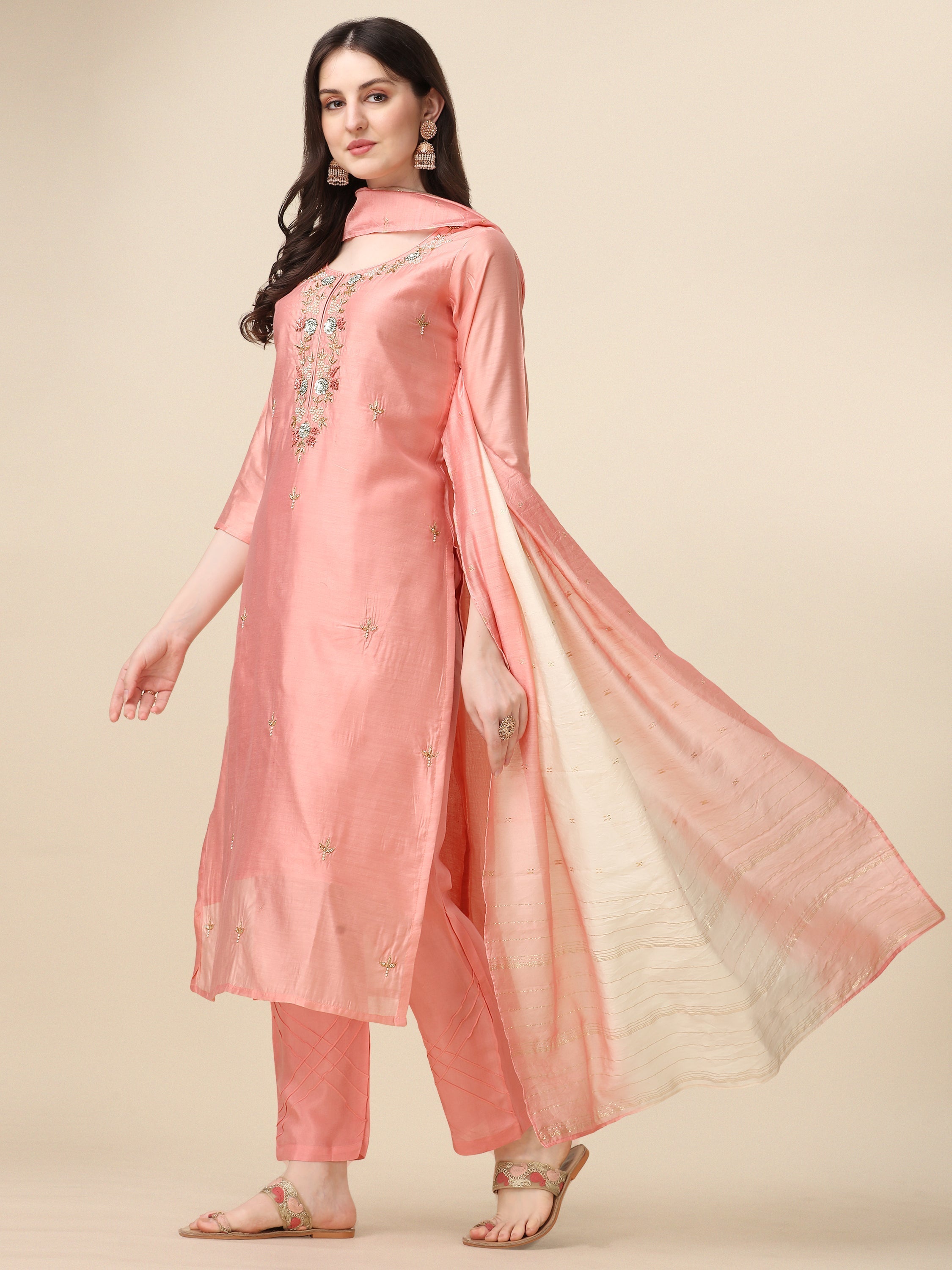 Embroidered Kurta With Pant & Dupatta Set, Multicolor - Hiral Fashion - Distacart