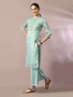 Myshka Women's Sea Green Solid Straight Party Kurta Set