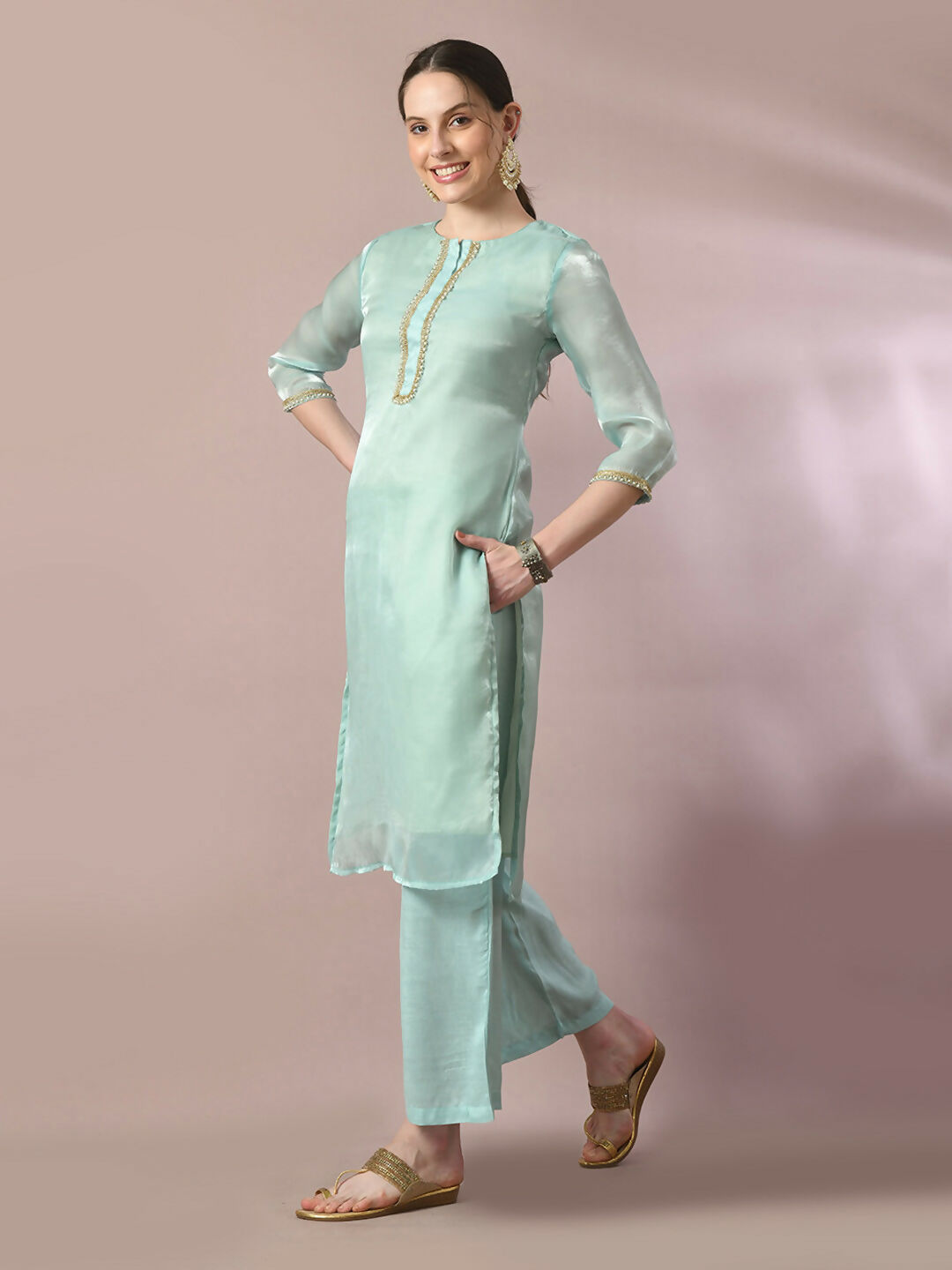 Myshka Women's Sea Green Solid Straight Party Kurta Set