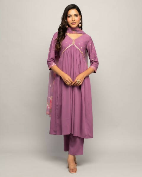 FIORRA Women's Lavender Creap A-Line Kurta Pant With Dupatta