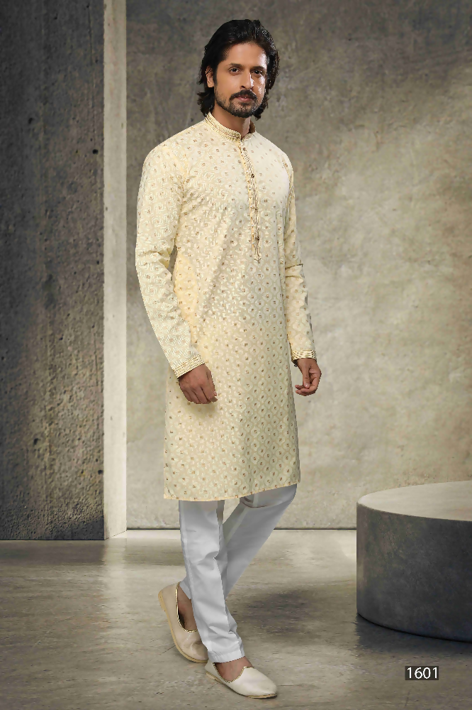 Raivat Ethnic Cotton Printed Work Kurta Pajama In Yellow Colour