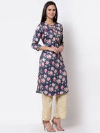 Myshka Silk Printed 3/4 Sleeve Round Neck Casual Blue Women's Kurta