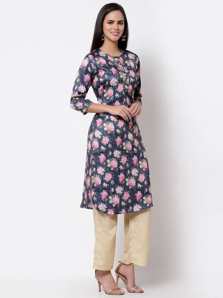 Myshka Silk Printed 3/4 Sleeve Round Neck Casual Blue Women's Kurta