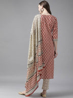 Yufta Women Rust Red and Beige Print Pure Cotton Kurta with Trouser and Dupatta