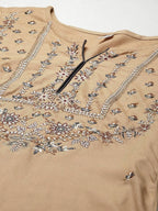 Yufta Women Beige & Charcoal Grey Ethnic Motifs Embroidered Kurta with Trouser & Dupatta