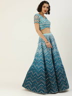 House of Panchhi Women Teal shading Net Mirror Embroidered Lehenga & Blouse with Dupatta