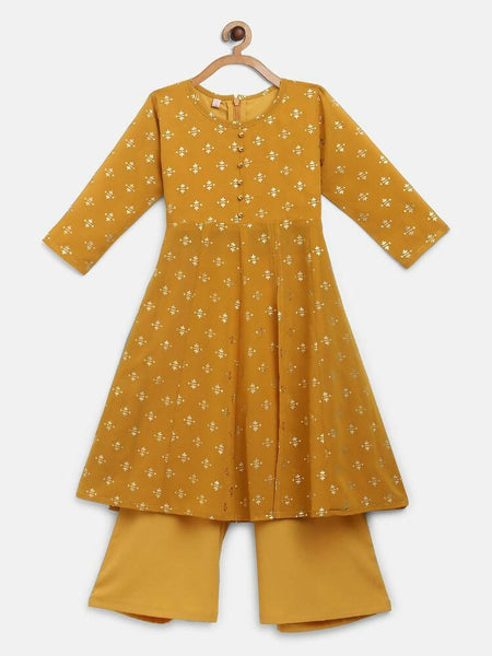 Ahalyaa Mustard Georgette Flared Kids Kurta Palazzo Set For Girls