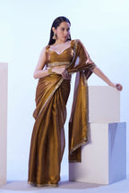 Gold Satin Jimmy Choo Solid Designer & Lace Work Saree - Samaa