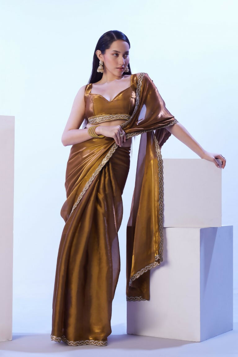 Gold Satin Jimmy Choo Solid Designer & Lace Work Saree - Samaa