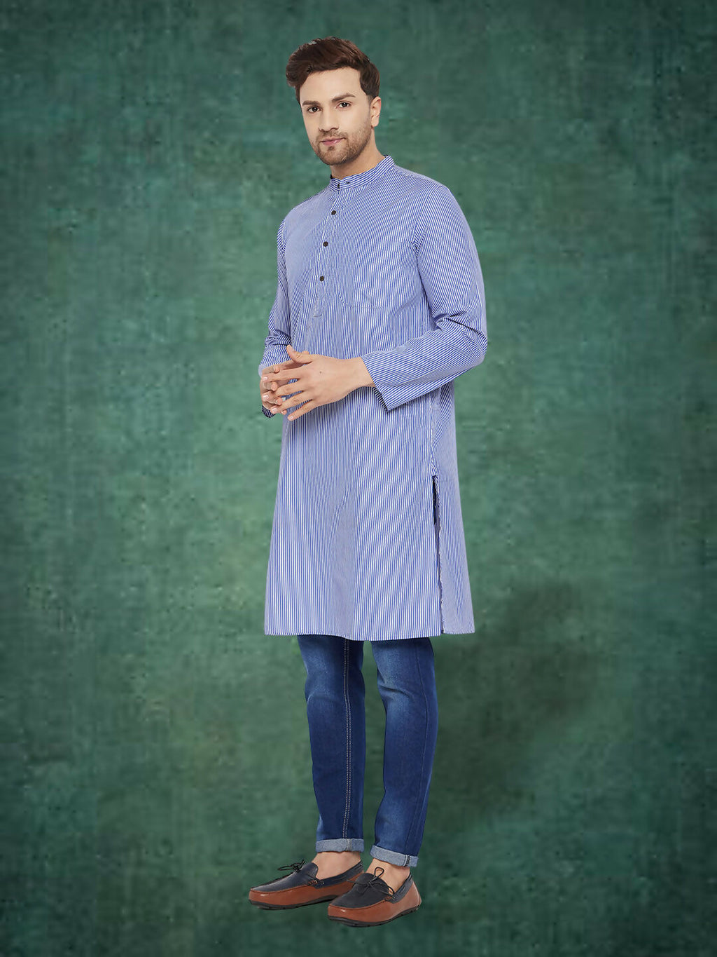 Even Apparels Men's Pure Cotton Blue Striped Kurta
