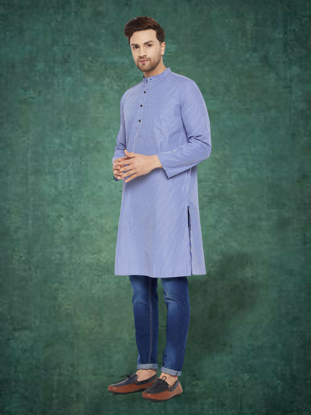 Even Apparels Men's Pure Cotton Blue Striped Kurta