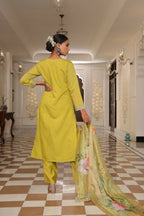 Jyoti Fashion Women's Light Yellow Cotton Silk Floral Print with Embroidered Kurta Set