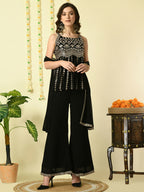 Myshka Women's Black Georgette Top & Palazzos With Dupatta Party Sets