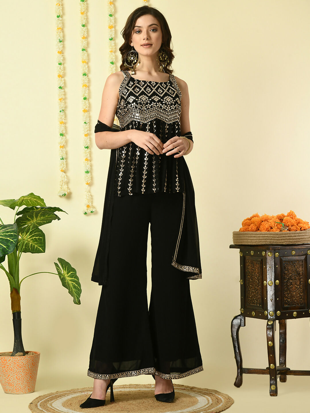 Myshka Women's Black Georgette Top & Palazzos With Dupatta Party Sets