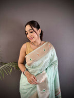 Joban Fashion Sea Green Peacock & Floral Motifs Soft Lichi Silk Kanchipuram Saree - Distacart