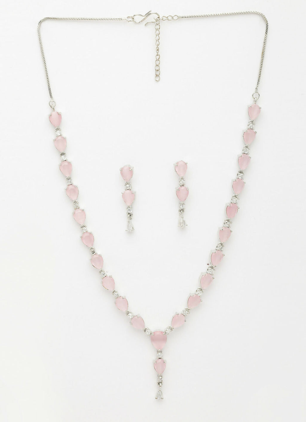 NVR Women's Silver-Plated Pink CZ-Studded Handcrafted Jewellery Set
