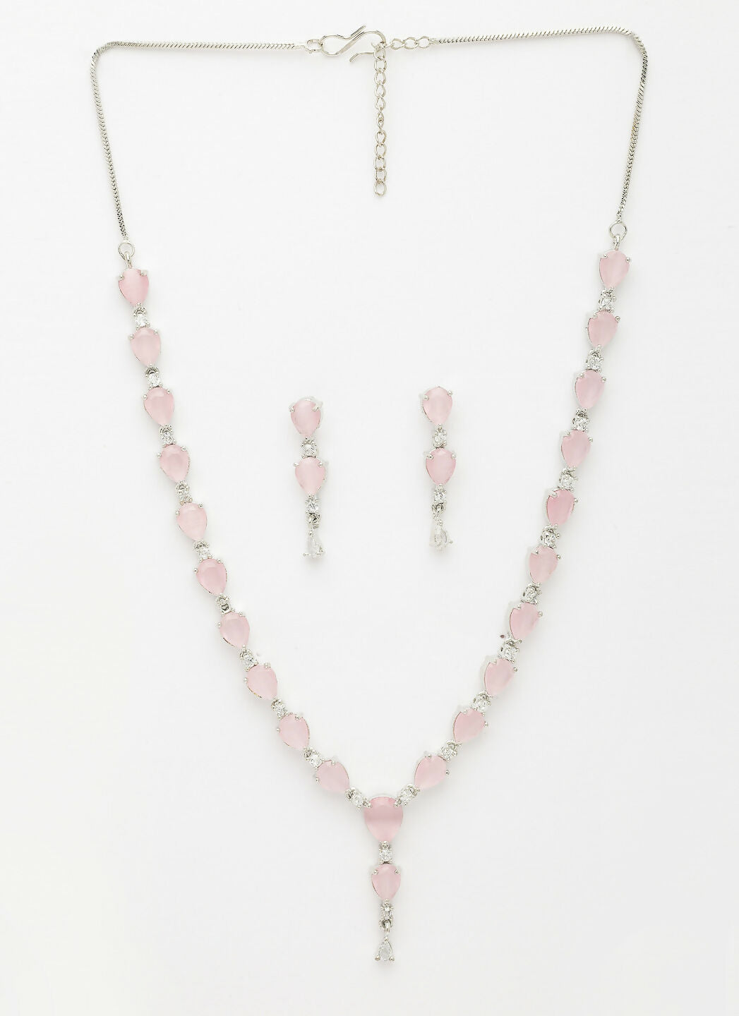 NVR Women's Silver-Plated Pink CZ-Studded Handcrafted Jewellery Set