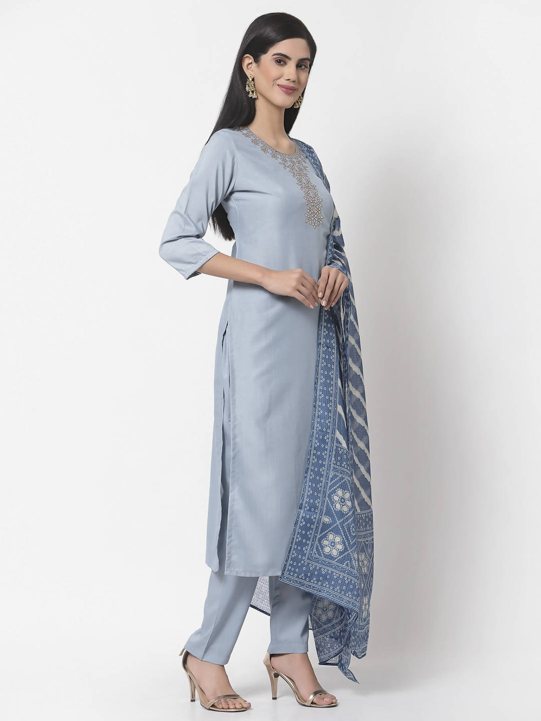 Myshka Women Light Blue Silk Blend Embroidered 3/4 Sleeve Round Neck Kurta Pant Dupatta Set