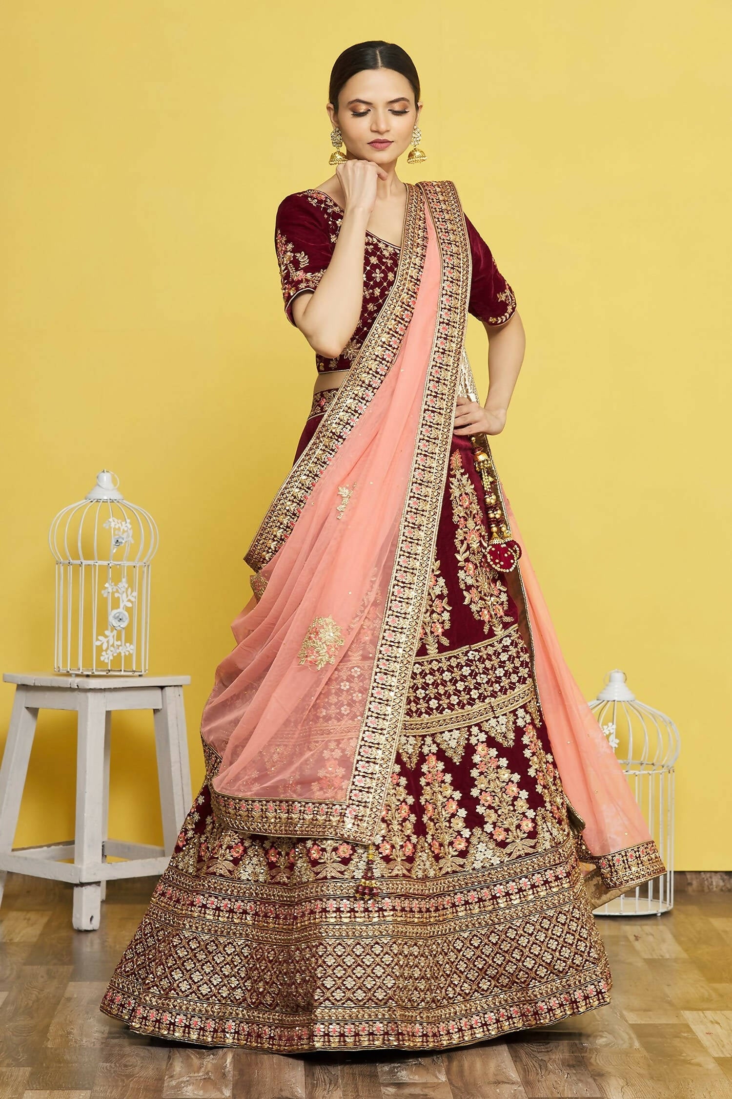 Maroon Velvet Semi-Stitched Wedding Bridal Lehenga - Nimaya