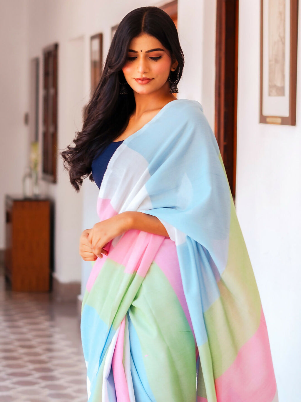 Zibaa Hand-Dyed Mul Cotton Multi-color Saree with Tassels - Distacart