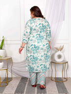 Miravan Women's Plus Size Cotton Light Green Scenic Birds And Leaf Floral Printed Straight Pakistani Style Suit Set
