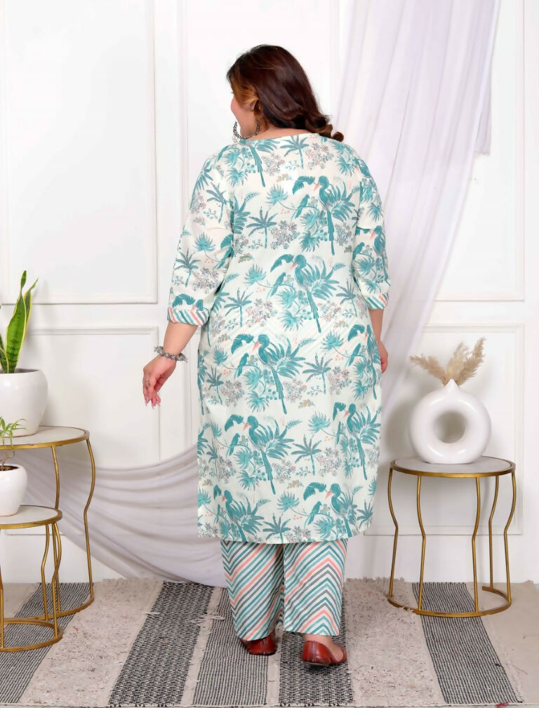 Miravan Women's Plus Size Cotton Light Green Scenic Birds And Leaf Floral Printed Straight Pakistani Style Suit Set