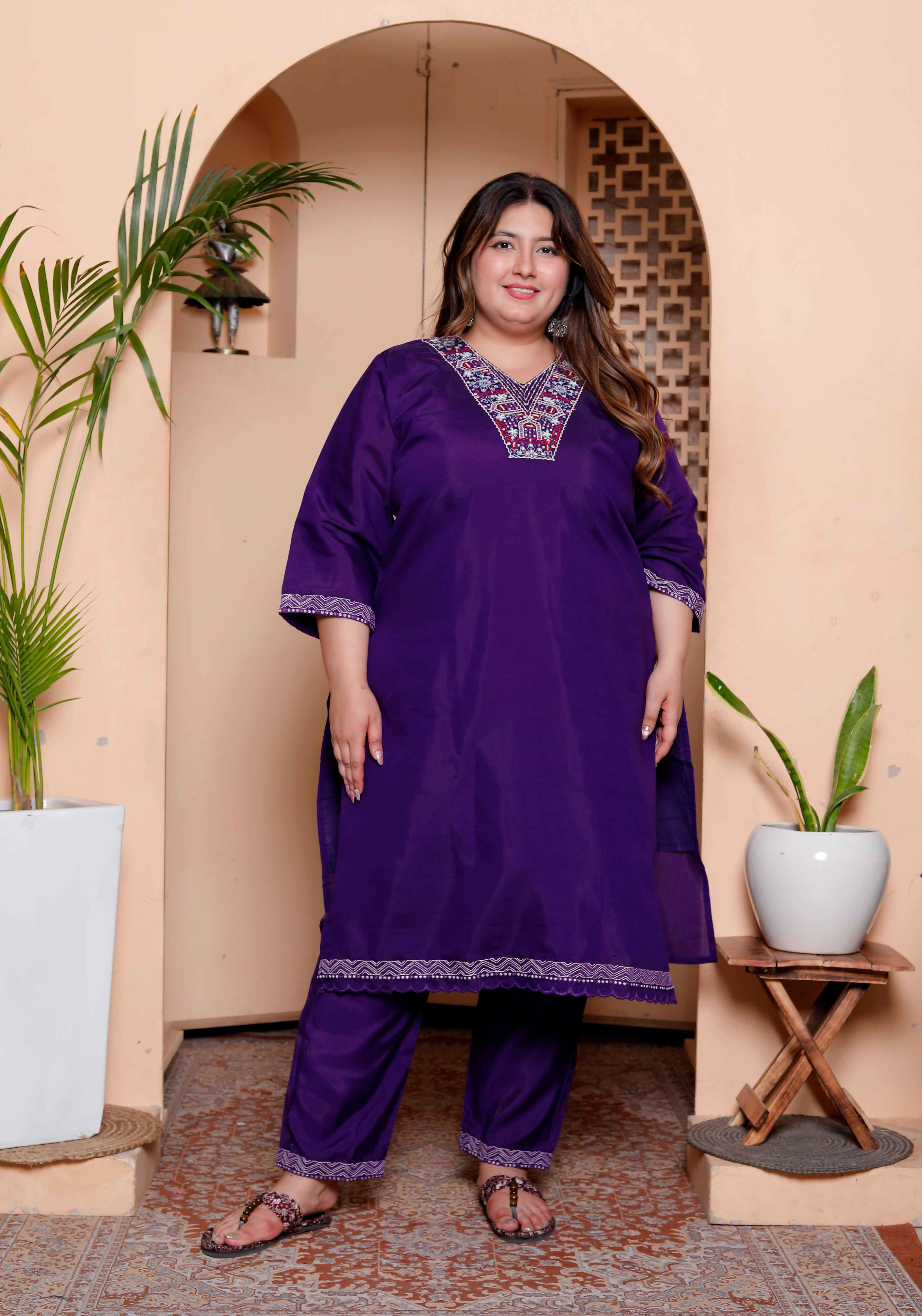 Miravan Women's Plus Size Purple Muslin Straight kurta and palazzo with dupatta Suit set - Distacart