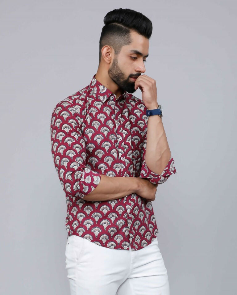 Miravan Men's Cotton Maroon Floral Printed Slim Fit Shirt