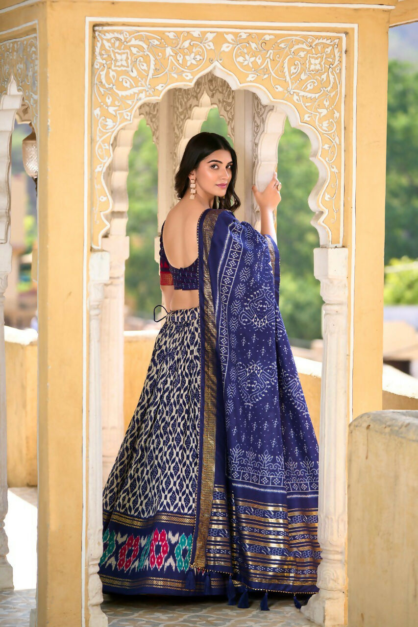 Vastranavya Designer Ikkat Print With Foil Work Lehenga Choli - Navy Blue