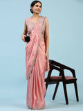 Peach Silk Satin Plain Ready to wear Saree with stitched Blouse - Vrinda