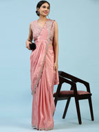 Peach Silk Satin Plain Ready to wear Saree with stitched Blouse - Vrinda
