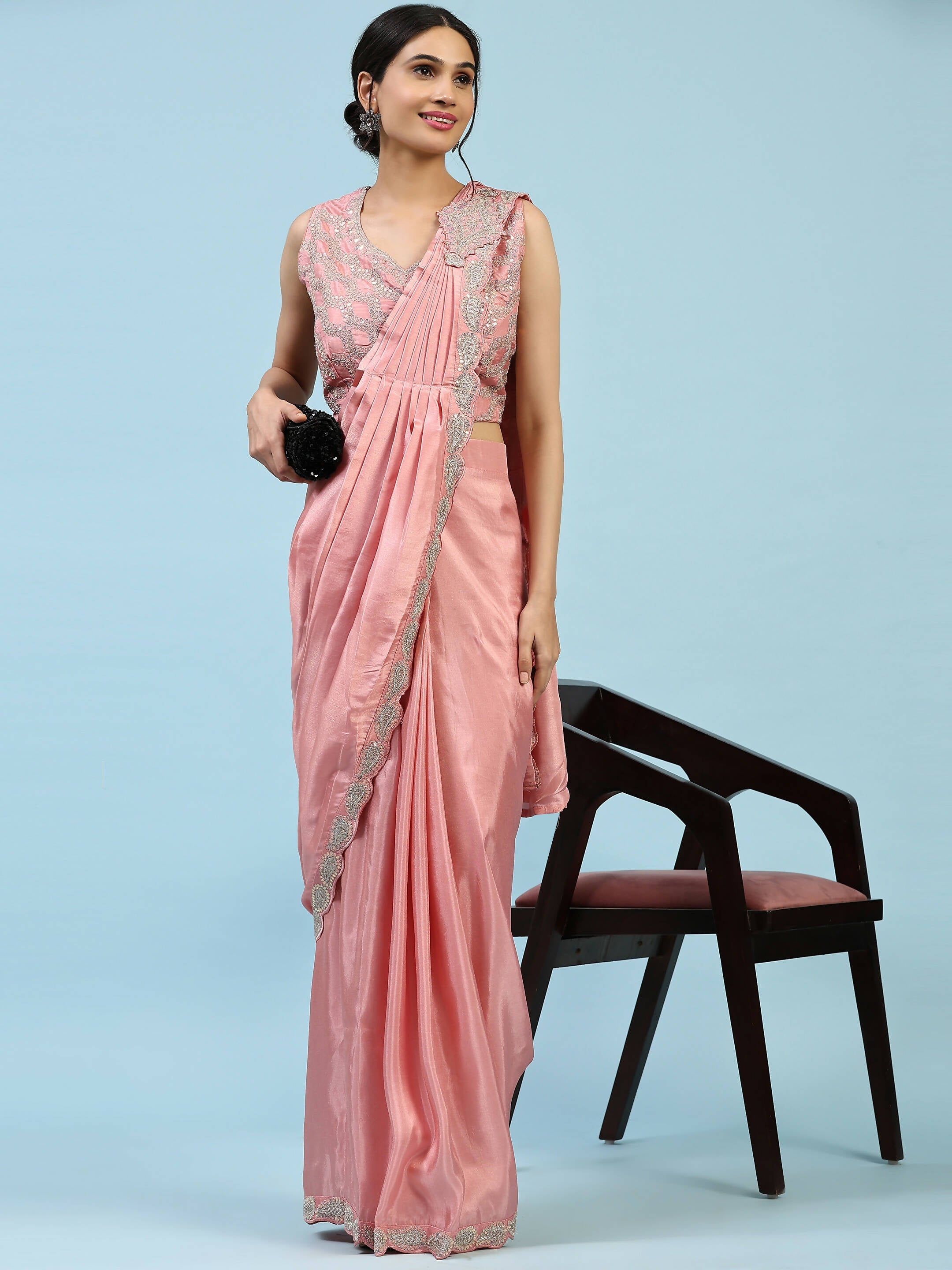 Peach Silk Satin Plain Ready to wear Saree with stitched Blouse - Vrinda
