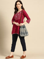Women's Maroon Viscose blend Embroidered Short Top - Marina