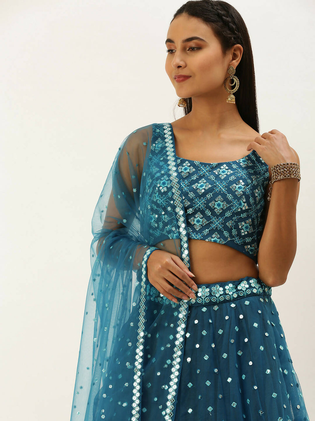 House of Panchhi Teal Net Sequinse Work Lehenga & Blouse, Dupatta