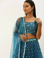 House of Panchhi Teal Net Sequinse Work Lehenga & Blouse, Dupatta