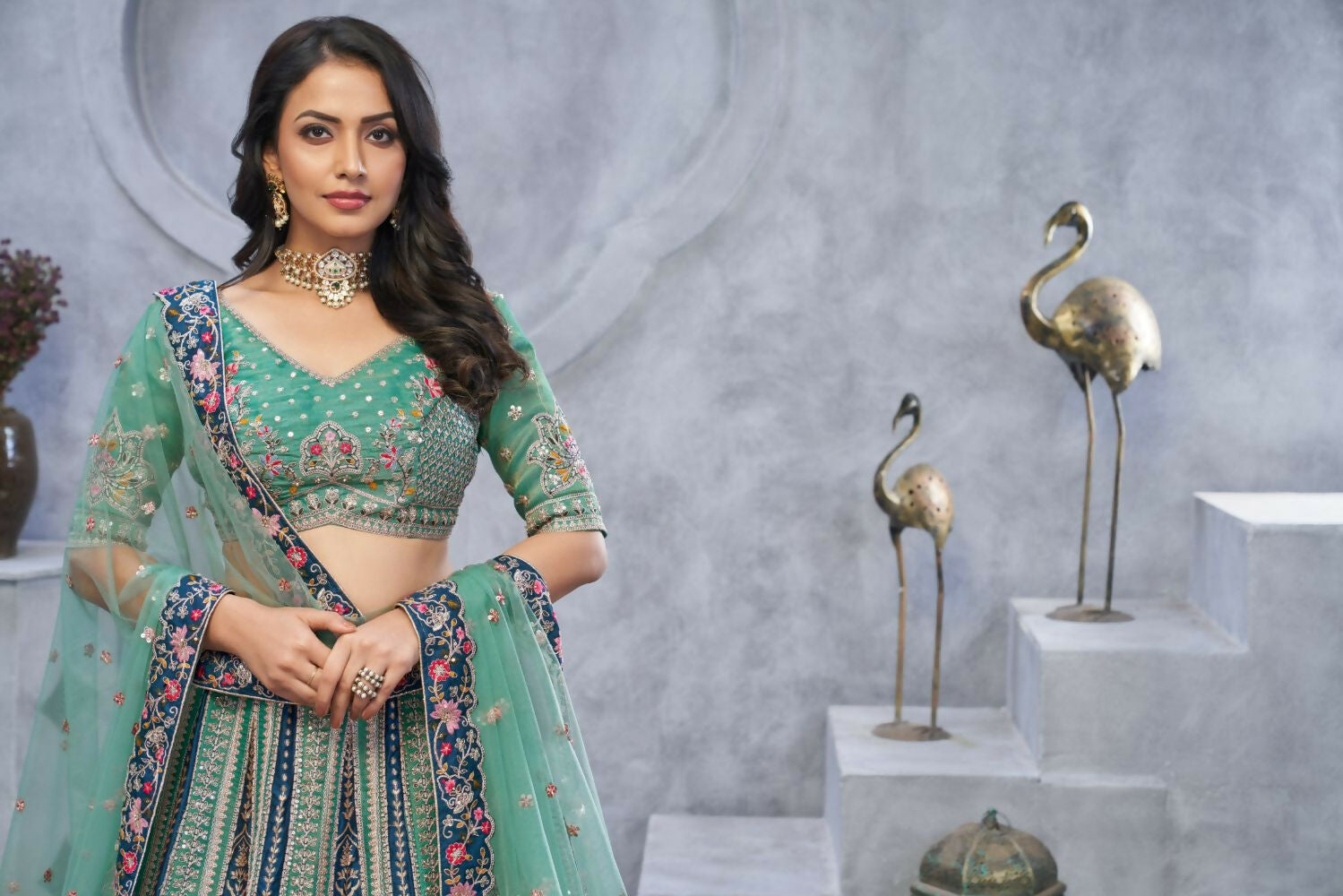Kesar Fab Green Organza Embroidered Lehenga