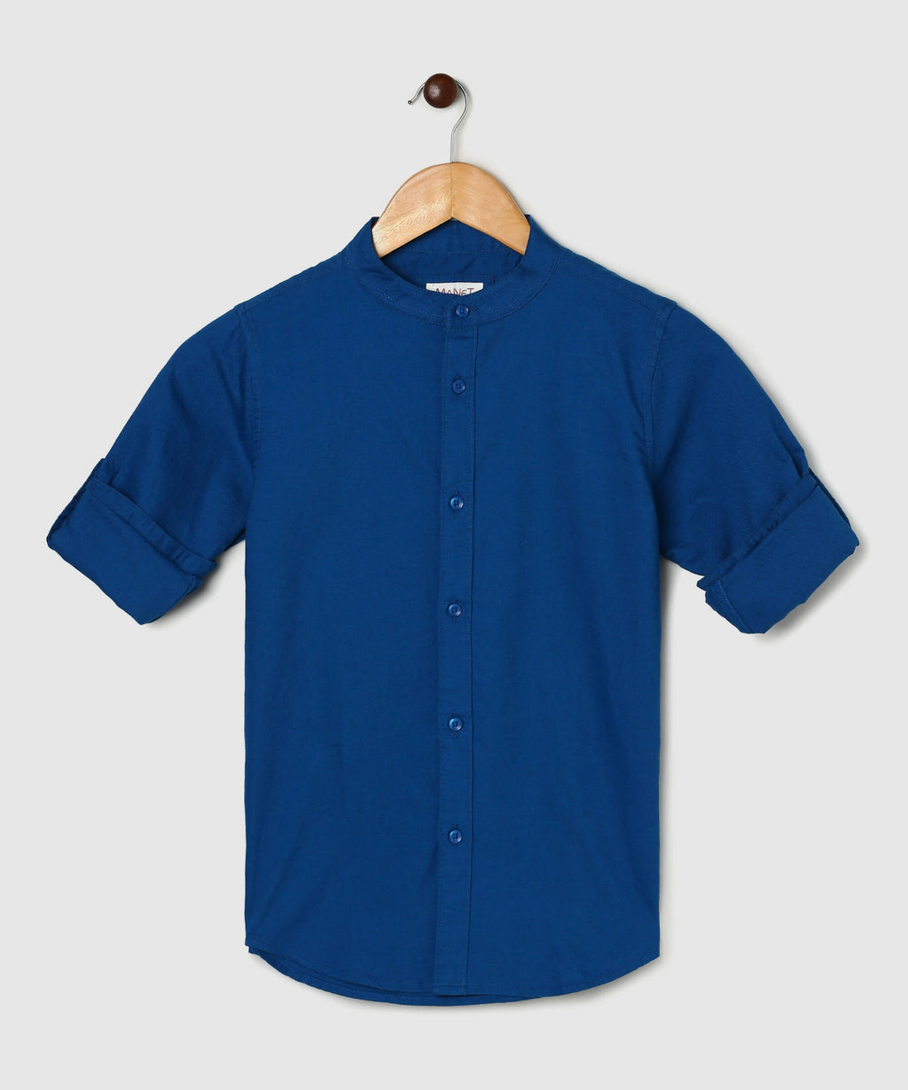 Manet Boys Mandarin Collar Full Sleeves Solid Shirt -Blue