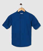 Manet Boys Mandarin Collar Full Sleeves Solid Shirt -Blue