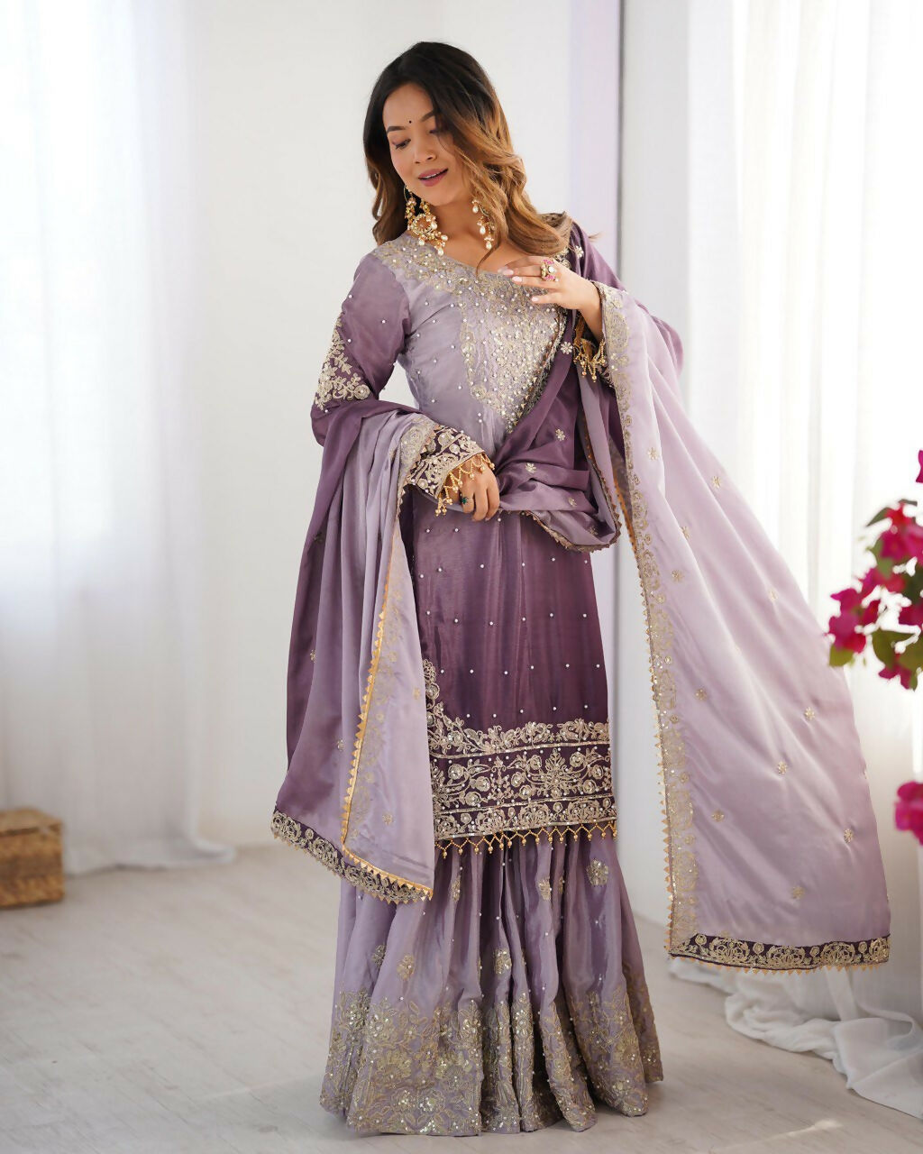 The52 Women's Beautiful Chinon silk Fabric Embroidery Work Straight Kurta Palazzo and Dupatta Set - Distacart