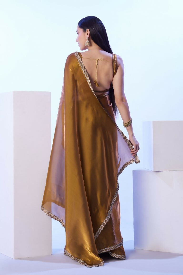 Gold Satin Jimmy Choo Solid Designer & Lace Work Saree - Samaa