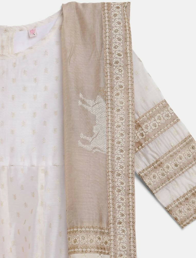 Ahalyaa Off White Chanderi Anarkali Kids Kurta With Dupatta For Girls