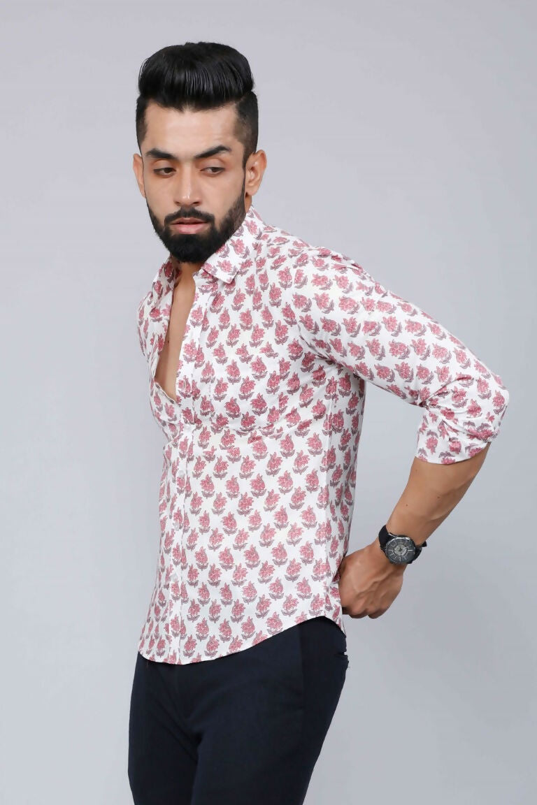 Miravan Men's White & Pink Spread Collar Floral Print Shirt